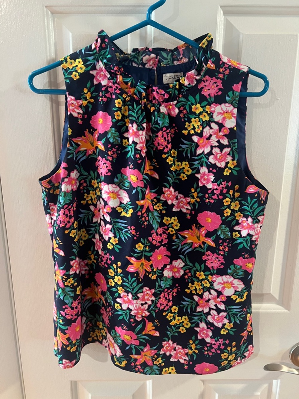 J. Crew Navy Floral Ruffle Neck Sleeveless Camisole